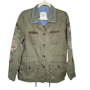Anthropologie Hei Hei Military-Inspired Olive Green Jacket With Embroidered Slee